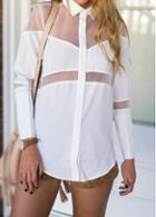 Rosewe Button Design Mesh Splicing Turndown Collar Blouse