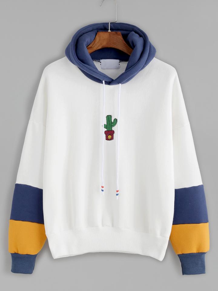 Shein White Contrast Cactus Embroidery Drawstring Hooded Sweatshirt