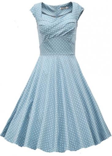 Rosewe Light Blue Polka Dot Print Cap Sleeve Dress