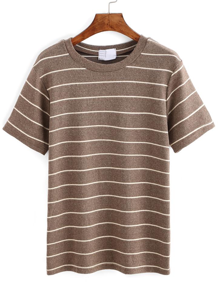 Shein Khaki Short Sleeve Striped Loose T-shirt