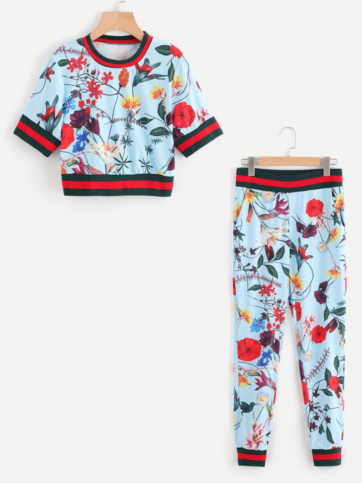 Shein Floral Print Random Striped Trim Tee With Pants