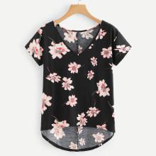 Shein Flower Print Dip Hem T-shirt