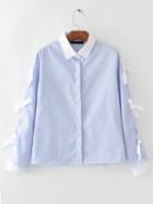 Shein Blue Vertical Striped Contrast Collar Blouse With Bow Tie