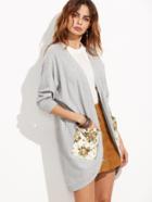 Shein Grey Open Front Cardigan With Rose Print Patch Pocket