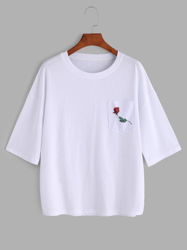 Shein Rose Print Drop Shoulder T-shirt