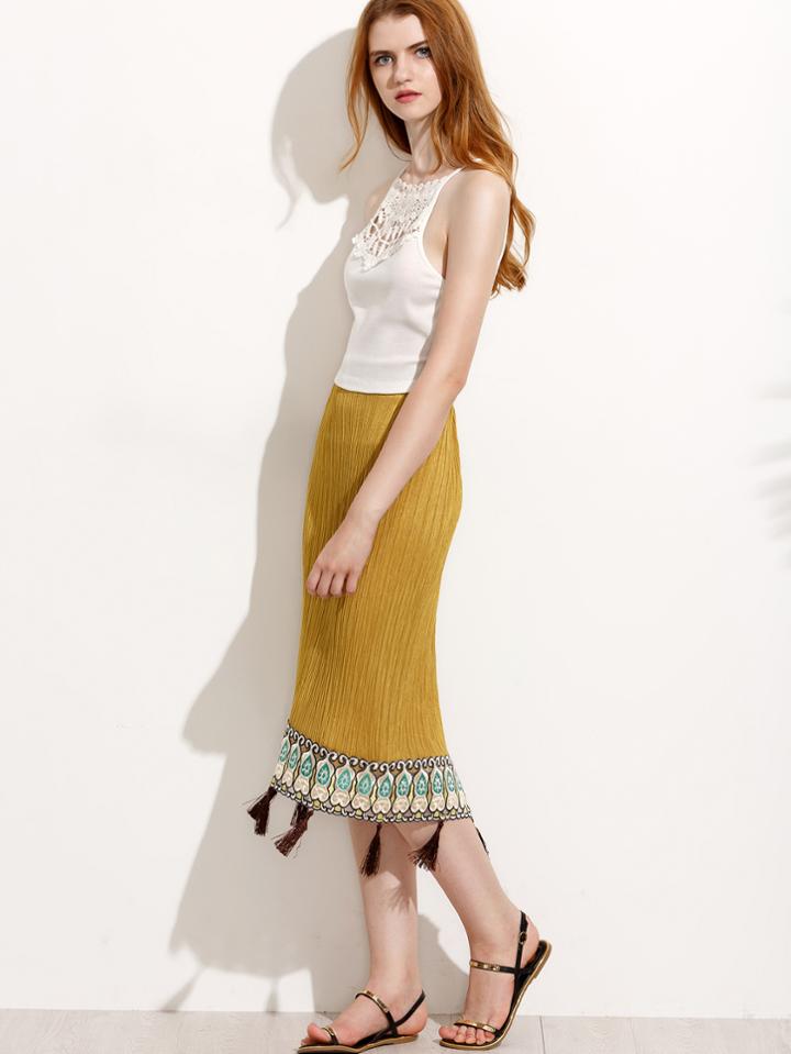 Shein Yellow Embroidered Tassel Trim Pleated Skirt