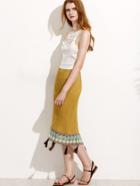 Shein Yellow Embroidered Tassel Trim Pleated Skirt
