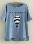 Shein Blue Dip Hem Letters Hot Air Balloon Printed T-shirt