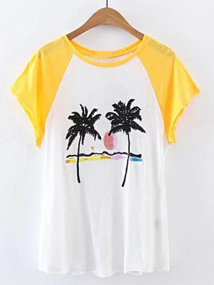Shein Raglan Sleeve Tropical Embroidery Tee