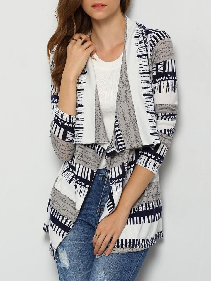 Shein Navy Grey Long Sleeve Striped Coat