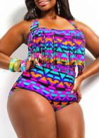 Shein Multicolor Halter Geometric Print High Waist Fringe Plus Swimwear