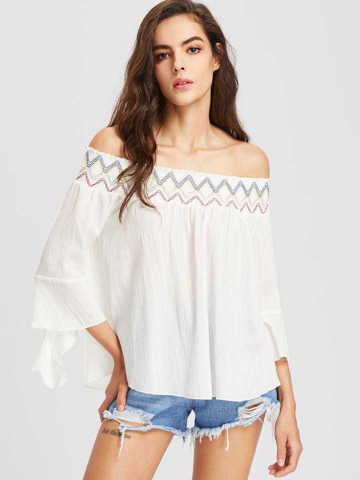 Shein Bardot Embroidered Bell Sleeve Dip Hem Top