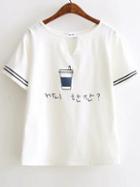Shein White Cup Print Cut Out Fringe Trim Tee