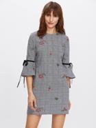 Shein Bow Tie Bell Cuff Embroidered Plaid Dress