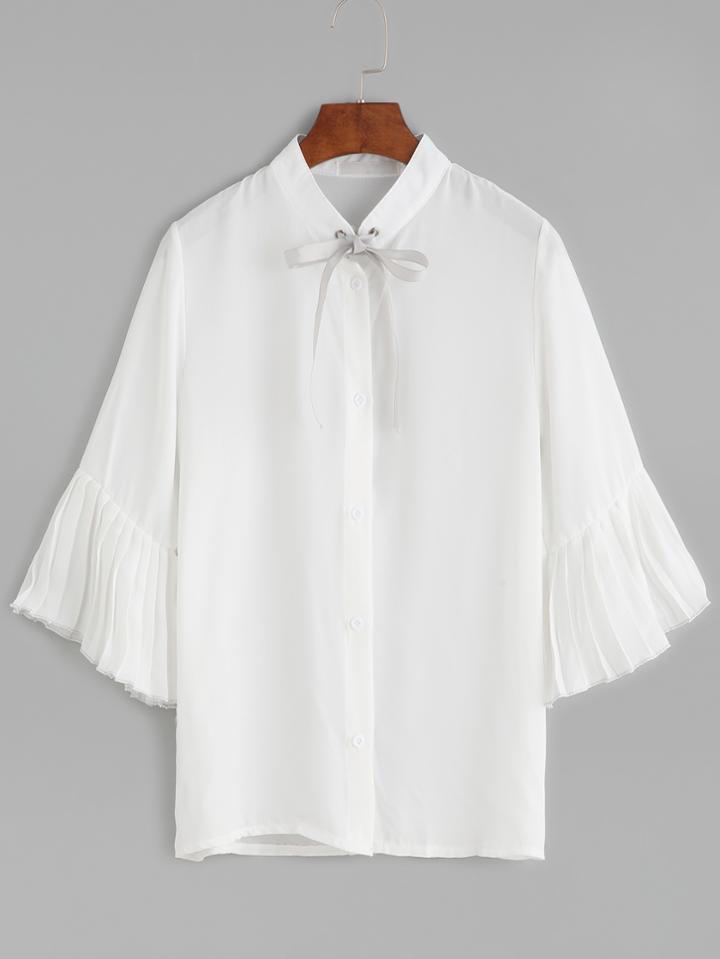 Shein White Eyelet Tie Neck Bell Sleeve Top