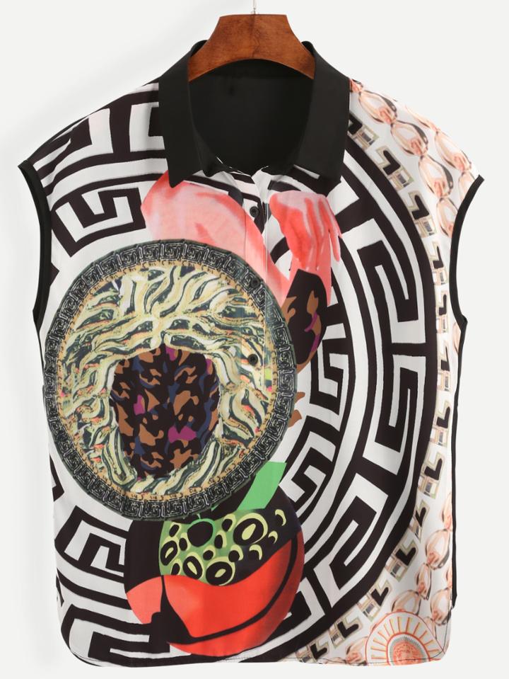 Shein Multicolor Abstract Print Sleeveless Chiffon Blouse