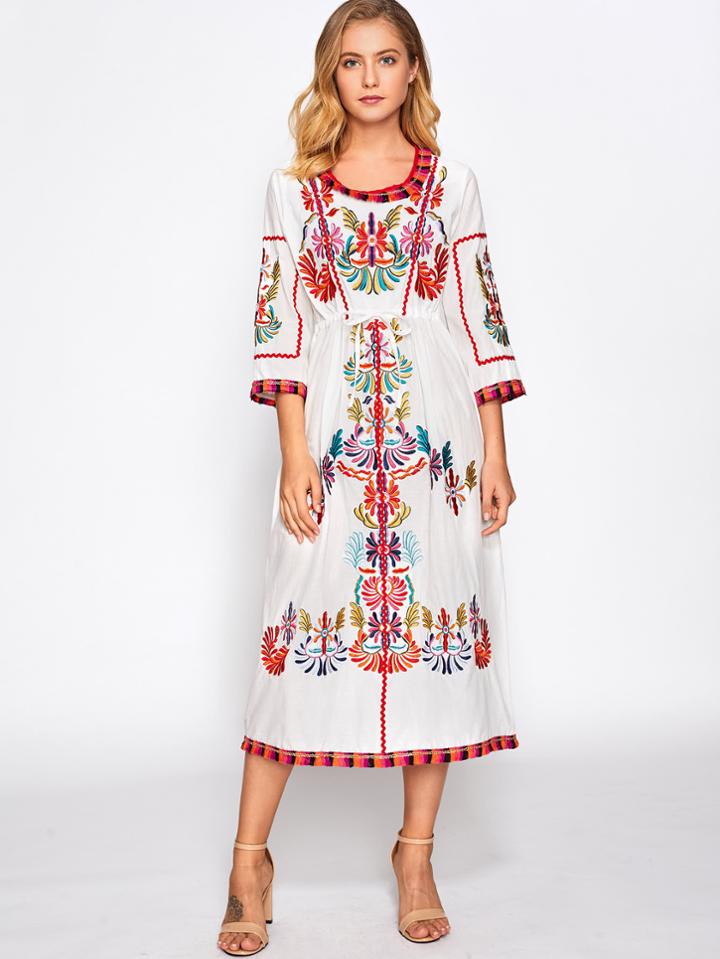 Shein Contrast Fringe Trim Embroidered Dress