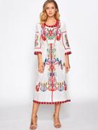 Shein Contrast Fringe Trim Embroidered Dress