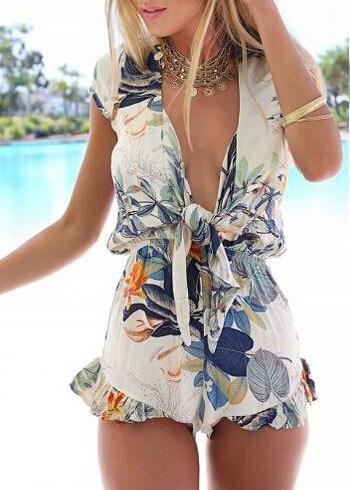 Shein Multicolor Deep Plunge Neck Florals Jumpsuit