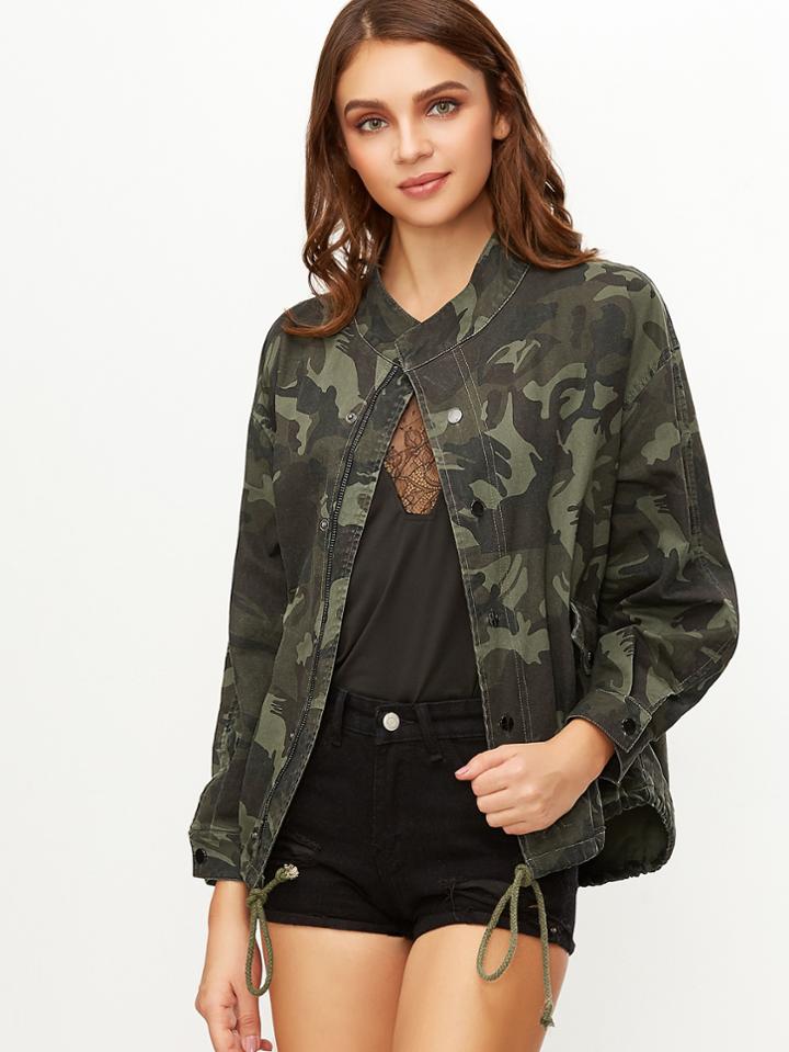 Shein Olive Green Camo Print Drawstring Hem Zip Up Jacket