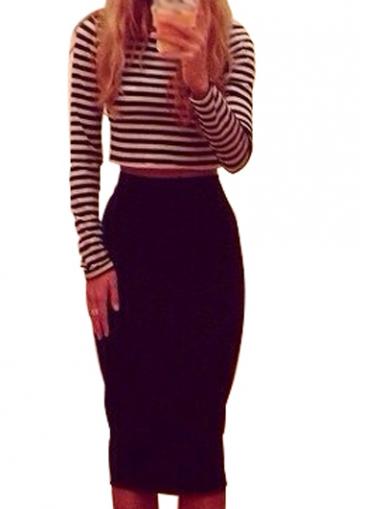 Rosewe Striped Long Sleeve Top And Black Sheath Skirt