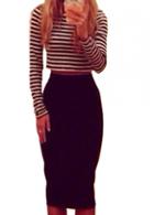 Rosewe Striped Long Sleeve Top And Black Sheath Skirt