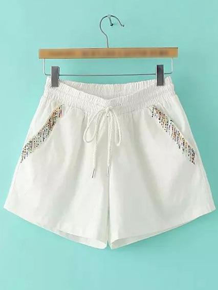 Shein White Pockets Beaded Elastic Tie-waist Shorts