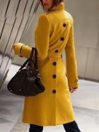Shein Lapel Buttons Belt Long Yellow Coat