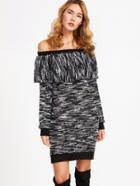 Shein Black Marled Knit Ruffle Off The Shoulder Sweater Dress