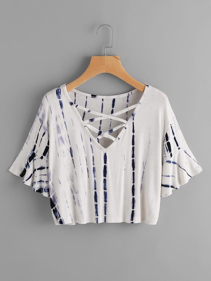 Shein Flute Sleeve Water Color Lace Up Tee