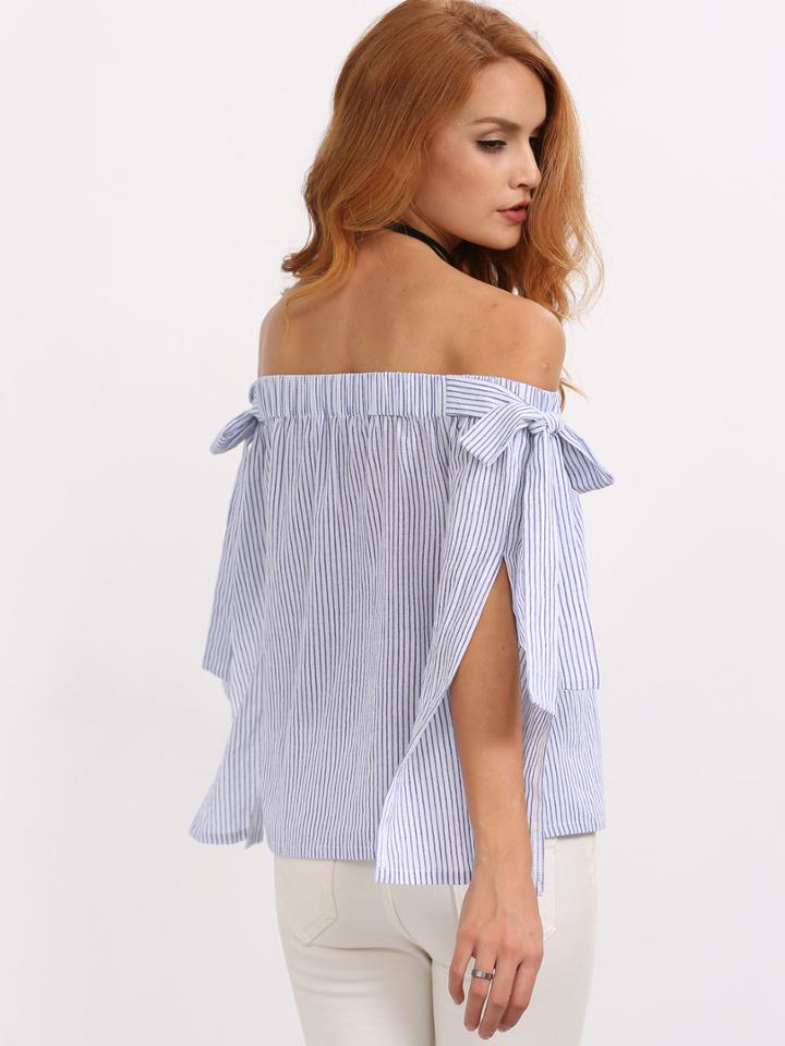 Shein Blue Off The Shoulder Bow Split Sleeve Blouse