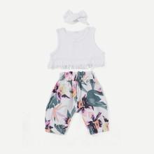 Shein Girls Fringe Hem Vest & Floral Print Pants & Headband