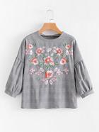 Shein Embroidery Flower Plaid Blouse