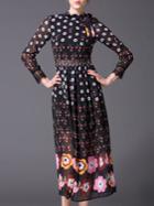 Shein Black Tie Neck Floral Contrast Lace Dress