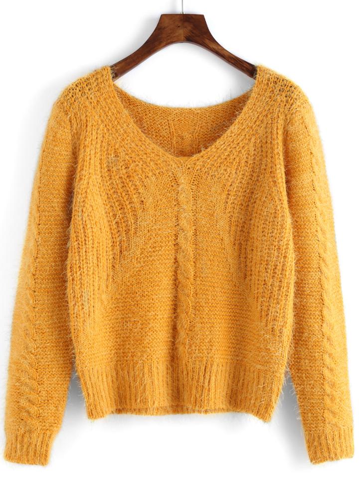 Shein Yellow V Neck Shaggy Crop Sweater