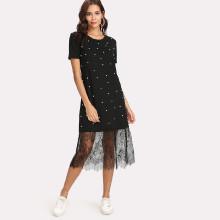 Shein Pearls Beaded Detail Lace Hem Dress