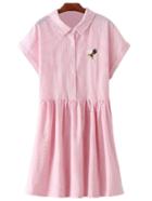 Shein Pink Short Sleeve Bee Embroidery Stripe Dress