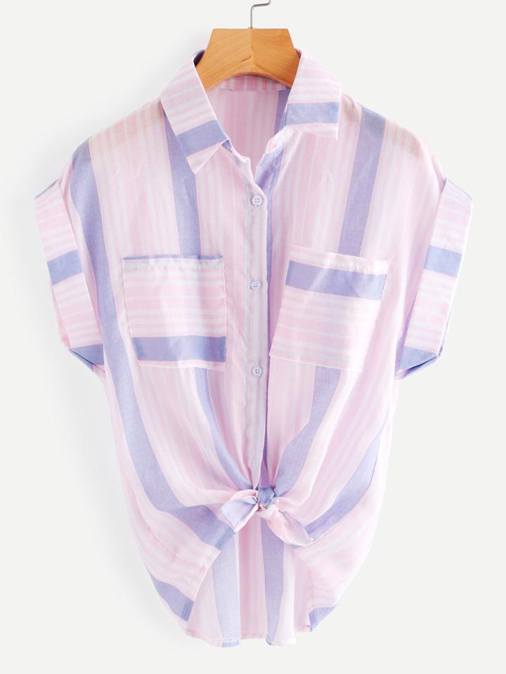 Shein Barcode Stripe Knotted Hem Cuffed Shirt