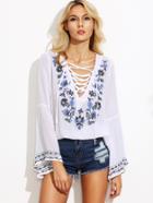 Shein White Bell Sleeve Lace Up Embroidered Blouse