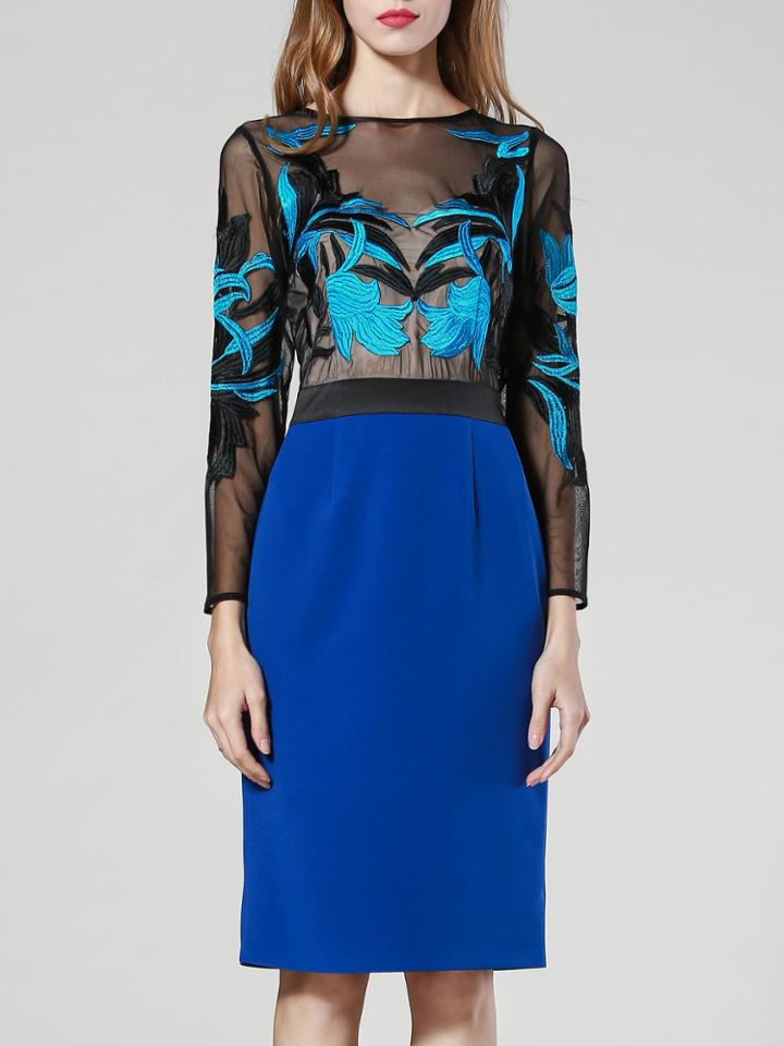 Shein Blue Round Neck Long Sleeve Contrast Gauze Embroidered Dress