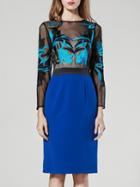 Shein Blue Round Neck Long Sleeve Contrast Gauze Embroidered Dress