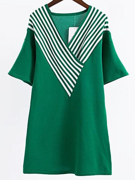 Shein Green Striped V Neck Long Knitwear