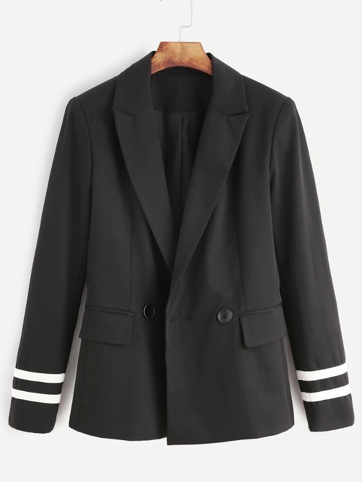 Shein Black Striped Sleeve Flap Pocket Front Blazer