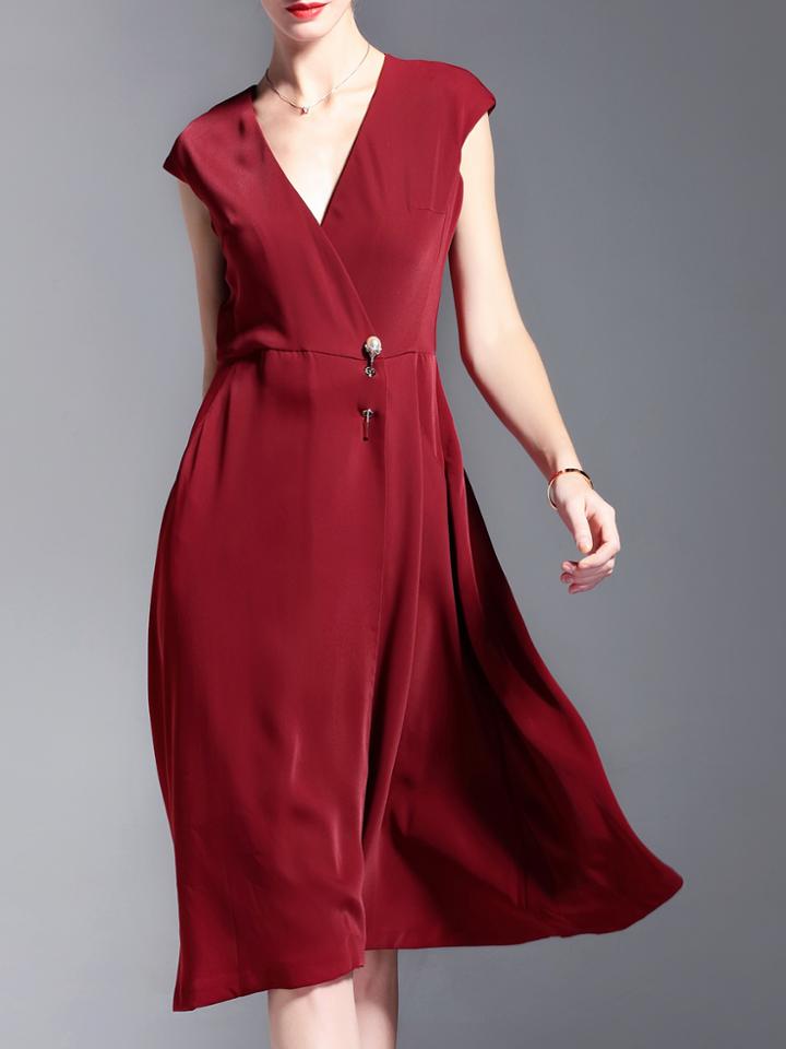 Shein Burgundy V Neck Pockets A-line Dress