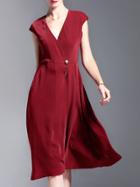 Shein Burgundy V Neck Pockets A-line Dress