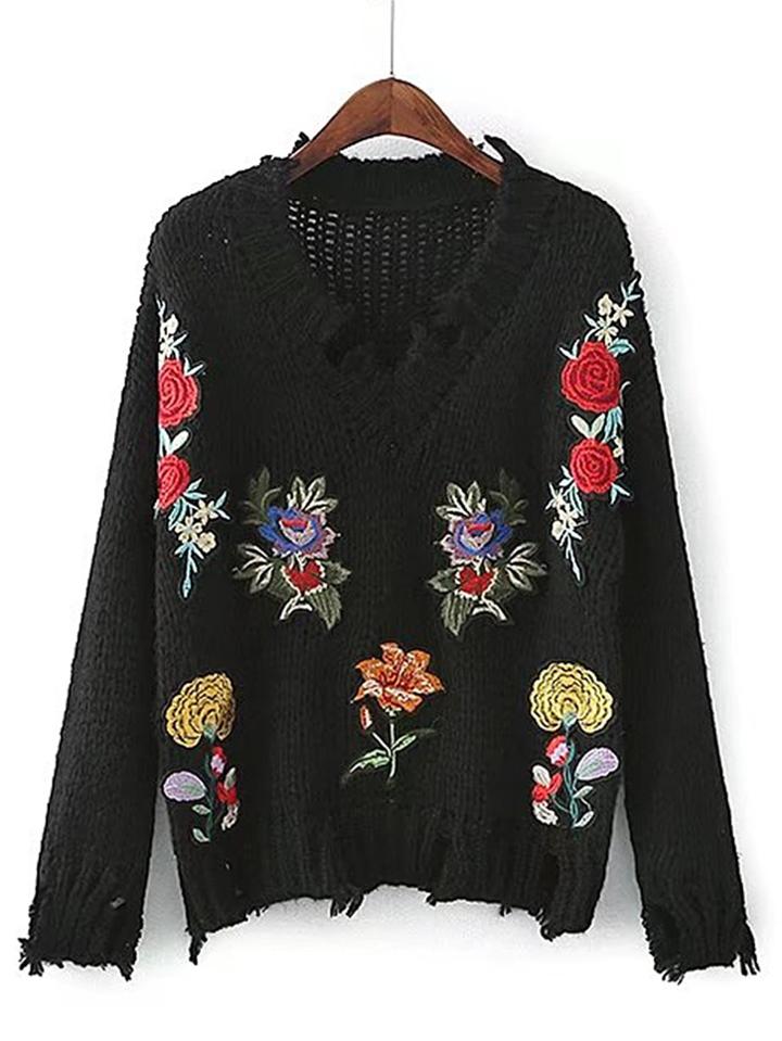 Shein Flower Embroidery Frayed Detail Sweater