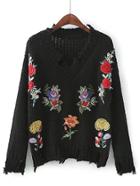 Shein Flower Embroidery Frayed Detail Sweater
