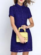 Shein Blue Lapel Lace Shift Dress