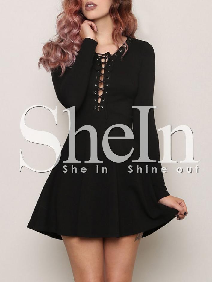 Shein Black Lace Up Neck Flare Dress