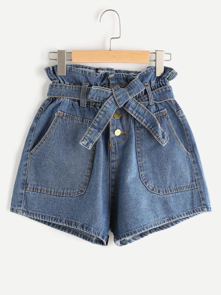 Shein Tie Shirred Waist Denim Shorts